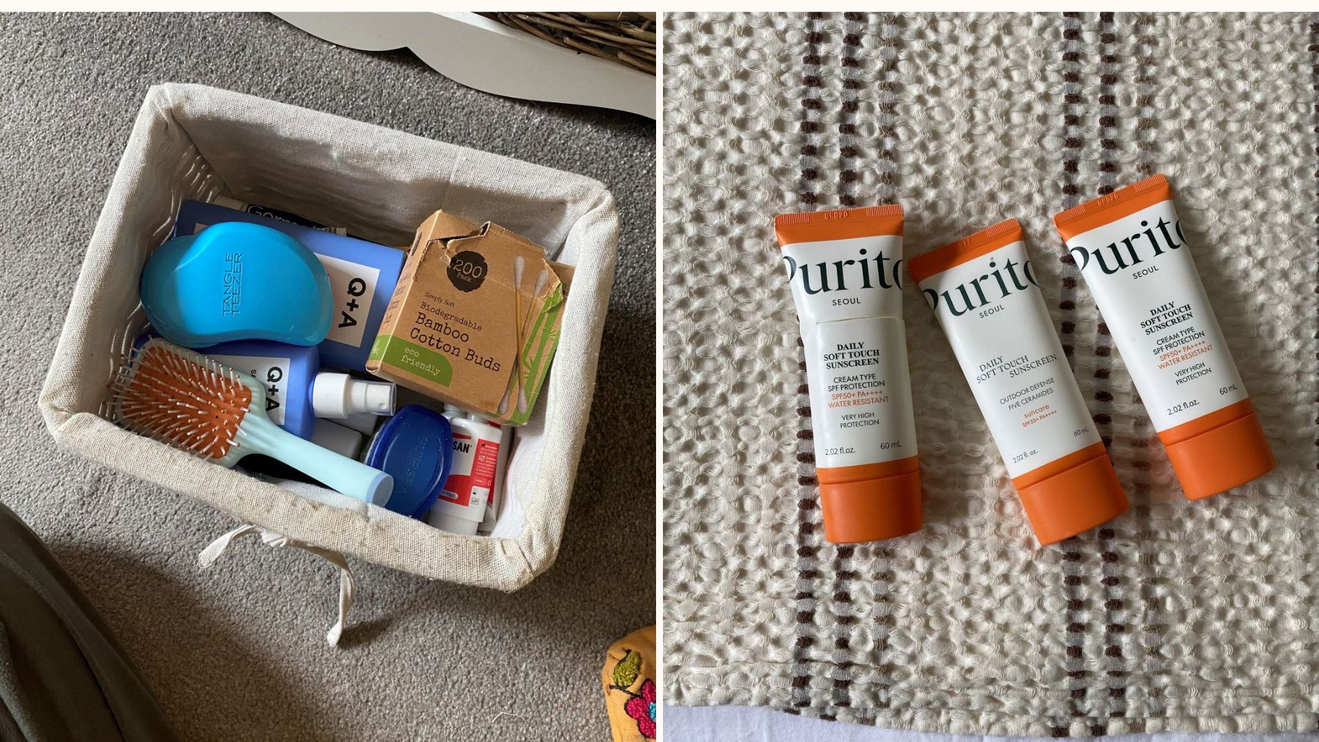 Storage basket of toiletries and 3 tubes of Purito face cream