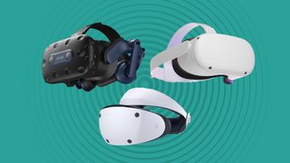 HTC Vive, Meta Quest 2 and PSVR 2 on a green backgroud