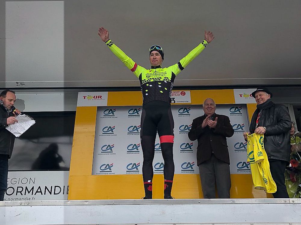 Holowesko-Citadel's Fabian Lienhard on the podium at the Tour de Normandie