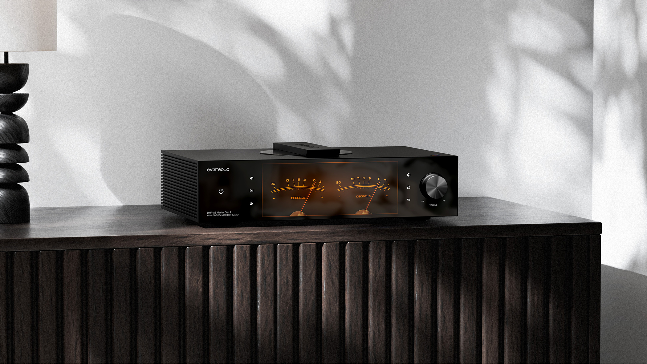 Eversolo DMP-A8 Master gen 2 on a wooden shelf