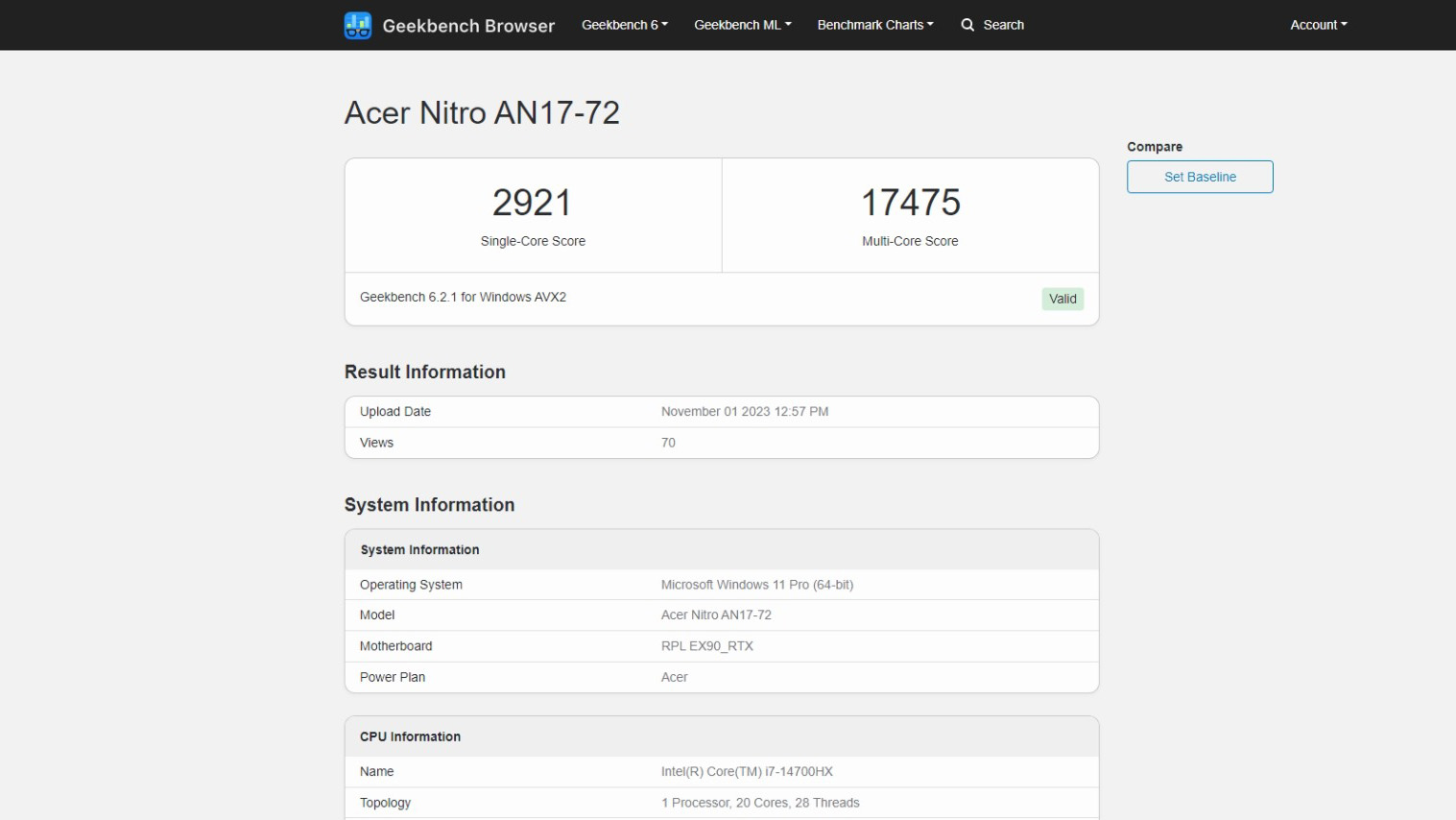 Resultados de la prueba Geekbench 6 de una CPU para computadora portátil Intel Core i7-14700HX