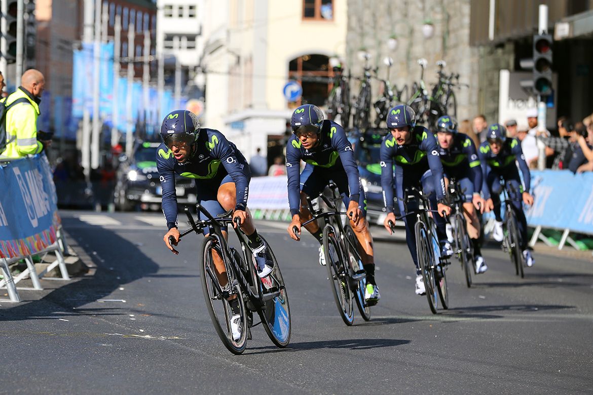 Movistar recon the team time trial course in Bergen, Norway