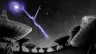 An artist's illustration of the fast radio burst 180916.J0158+65, based on real observations using the Gemini-North telescope atop Mauna Kea in Hawaii and the 100-meter Effelsberg radio telescope in Germany. 