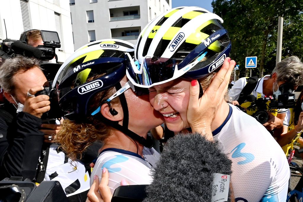 BLAGNAC FRANCE JULY 28 LR Floortje Mackaij of The Netherlands and stage winner Emma Norsgaard of Denmark and Movistar Team react after the 2nd Tour de France Femmes 2023 Stage 6 a 1221km stage from Albi to Blagnac UCIWWT on July 28 2023 in Blagnac France Photo by Tim de WaeleGetty Images