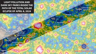 A map showing light pollution and Dark Sky Parks inside the path of totality.
