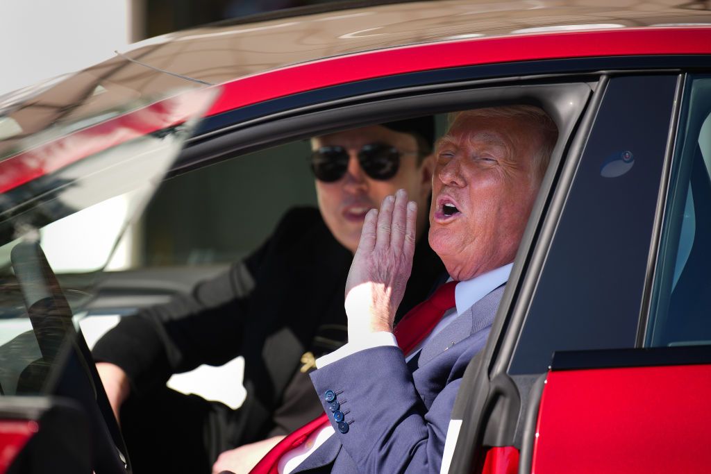 Elon Musk and Donald Trump sit inside a Tesla Model S on the South Lawn of the White House