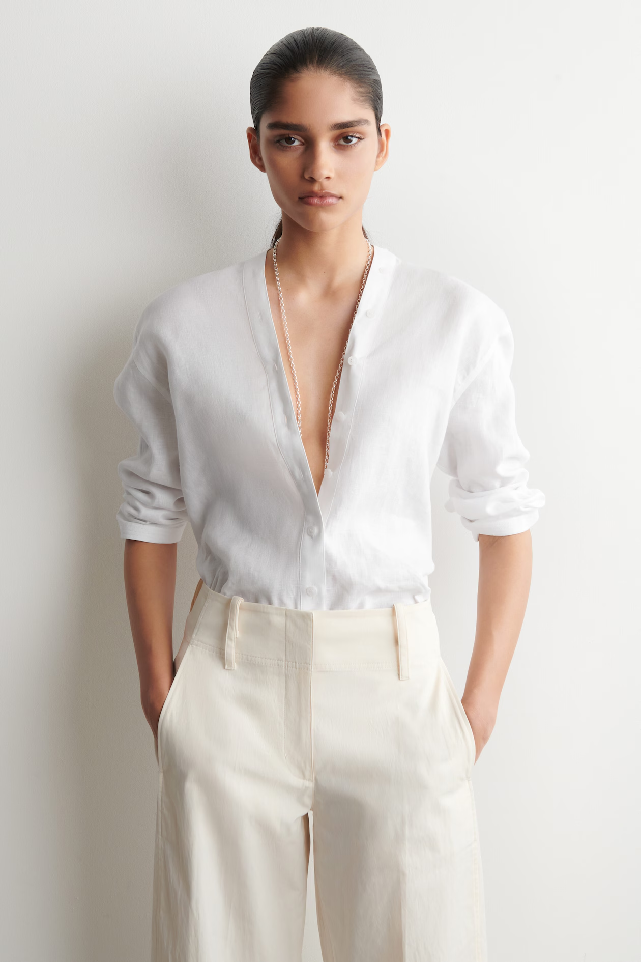 Cos, BUTTON-DETAIL LINEN V-NECK SHIRT