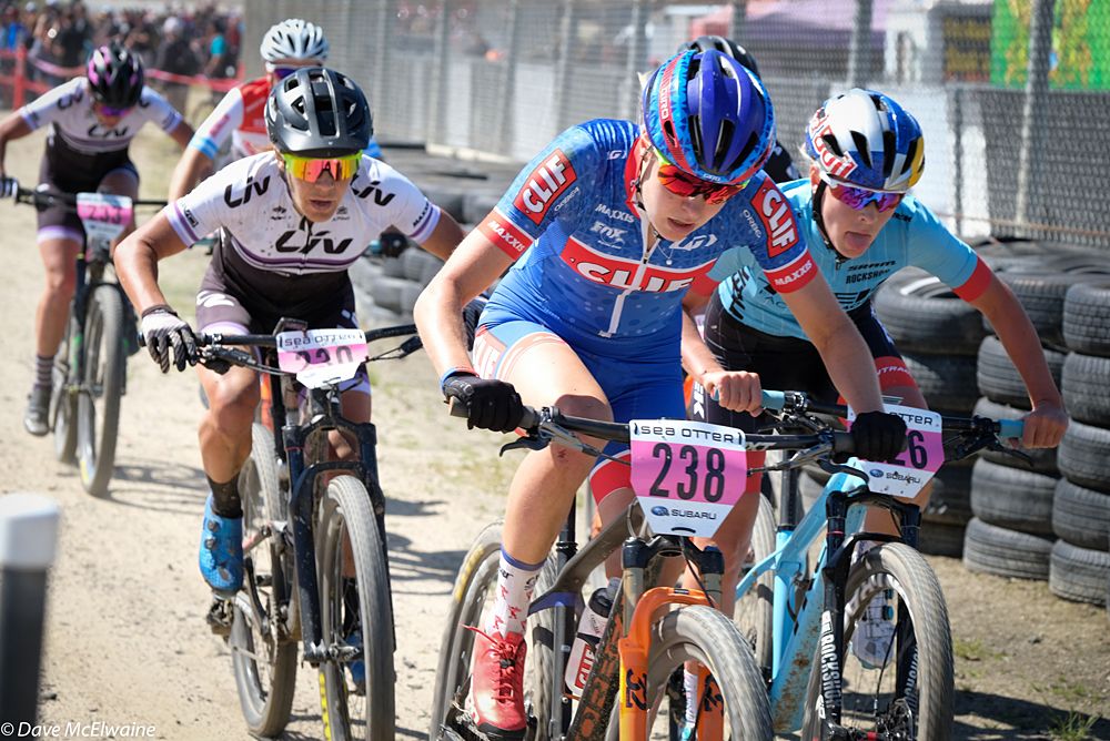 Maghalie Rochette (Clif Pro Team) got caught up in the crash of her team-mate Haley Batten and had to chase.