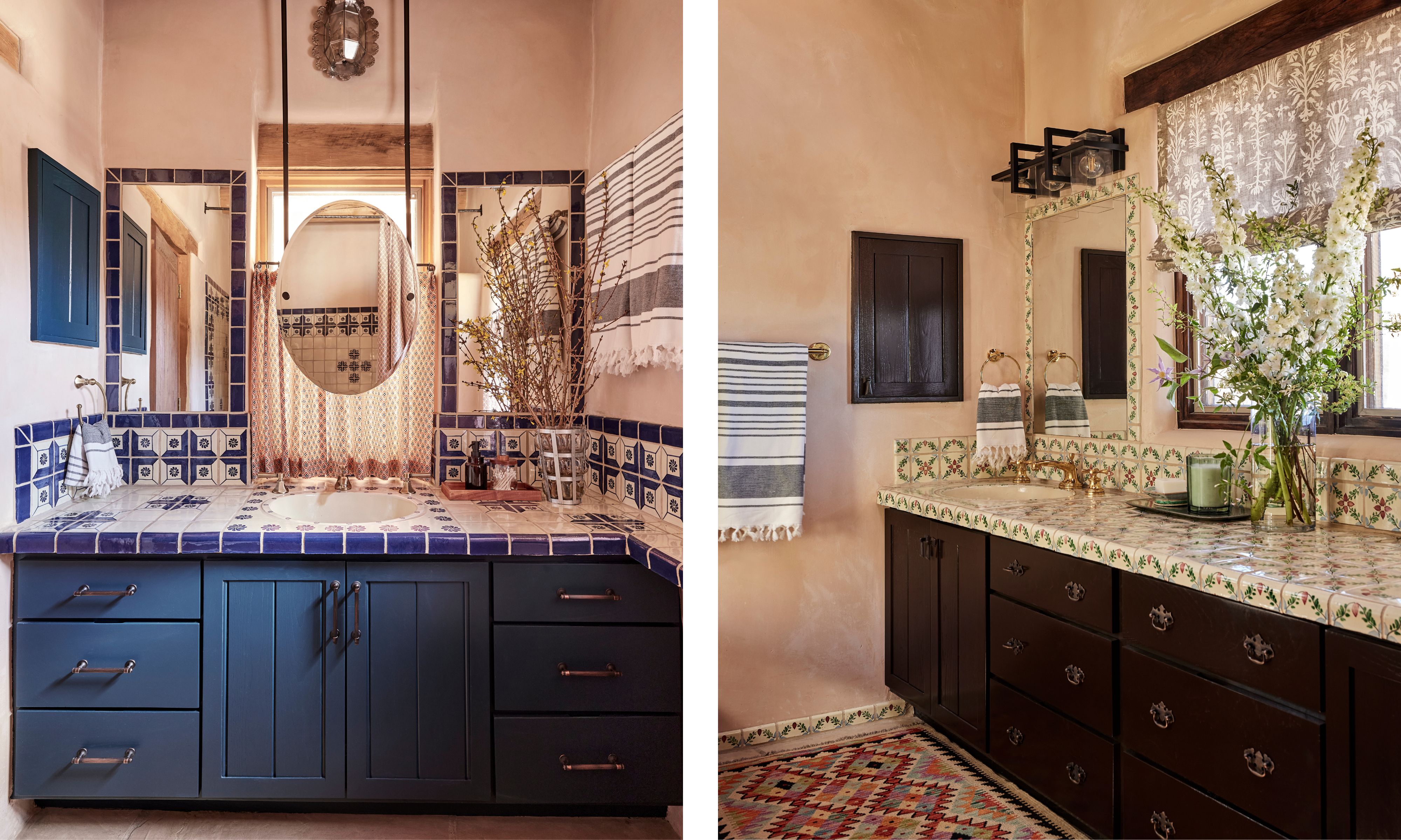 two side by side images of layered bathrooms in a Santa Fe project with patterned tiles
