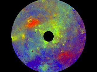 This image using color data obtained by the framing camera aboard NASA's Dawn spacecraft shows Vesta's southern hemisphere in color, centered on the Rheasilvia formation. Rheasilvia is an impact basin measured at about 290 miles (467 kilometers) in diameter with a central mound reaching about 14 miles (23 kilometers) high. The black hole in the middle is data that have been omitted due to the angle between the sun, Vesta and the spacecraft.