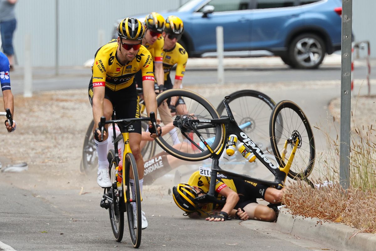 Robert Gesink being taken down by a crash on stage 1 of the Tour Down Under 2023