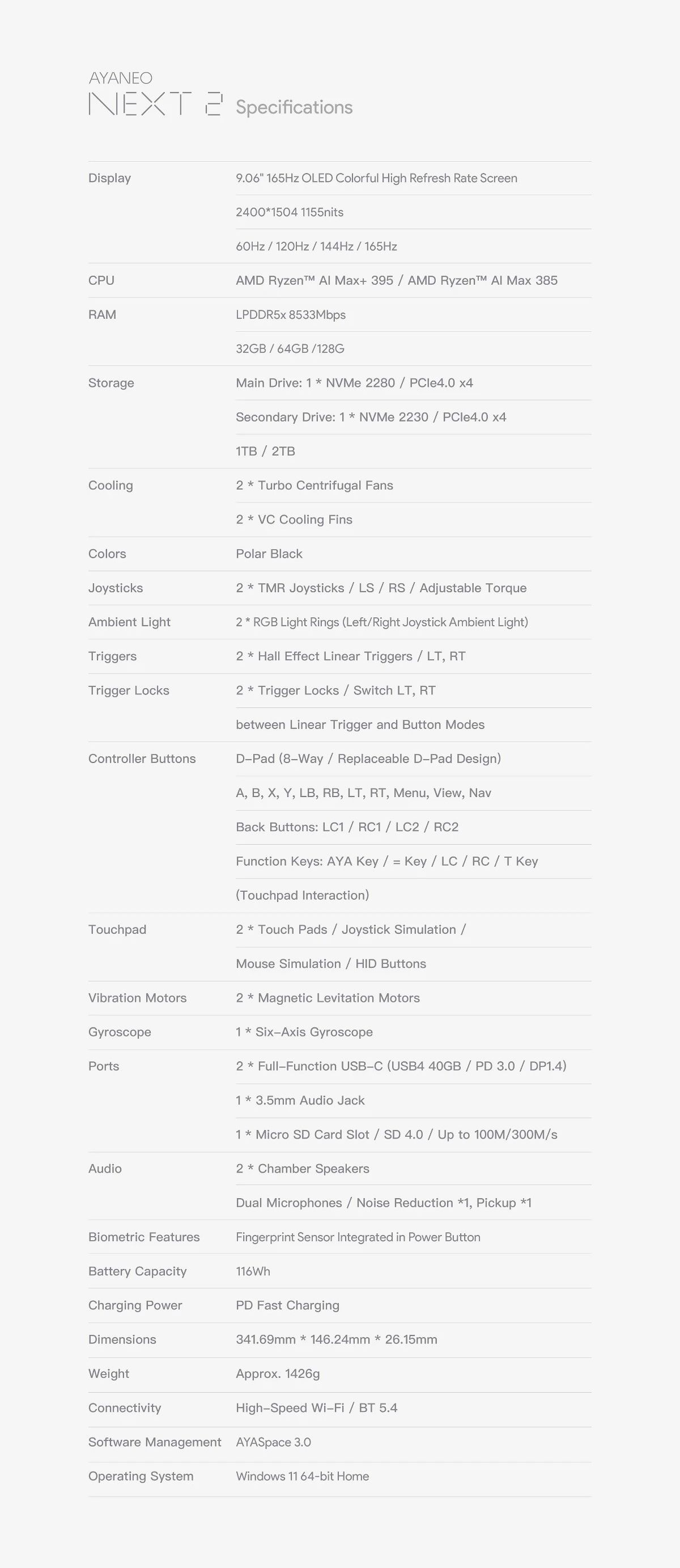 Full specifications of the Ayaneo Next 2 handheld gaming console