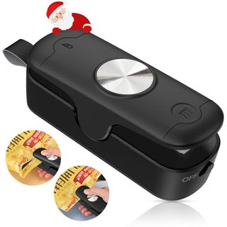 Black mini heat Sealer Heat Seal and Cutter with two images in cut out circles showing it resealing a bag of chips