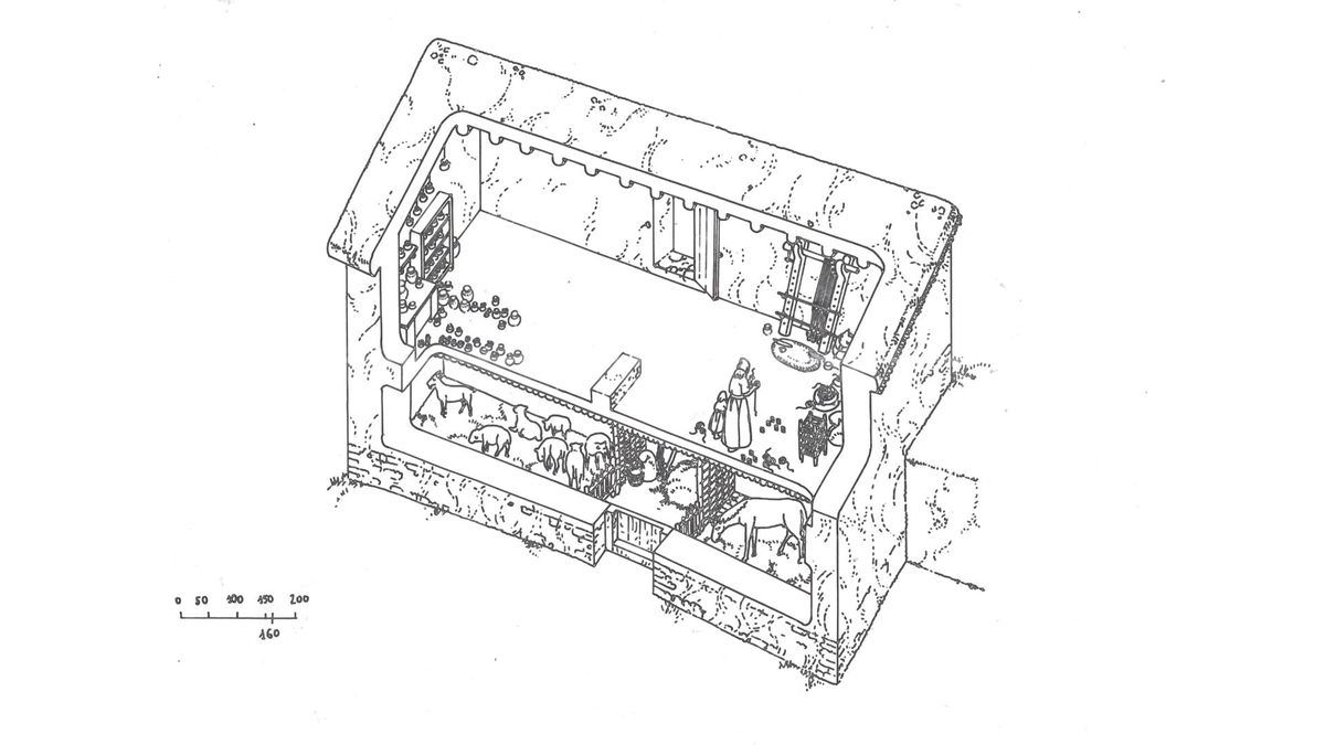 Drawing of a two-story farmhouse with a wooden ceiling and a wooden partition between the floors that was destroyed in a fire in the last quarter of the third century B.C.