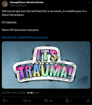 A post that reads: "StiIl cannot get over the fact that this is an emote, in a battle pass in a Silent Hill product. It'S tRaUmA Silent Hill Ascension everyone #SILENTHILL #SILENTHILLAscension"