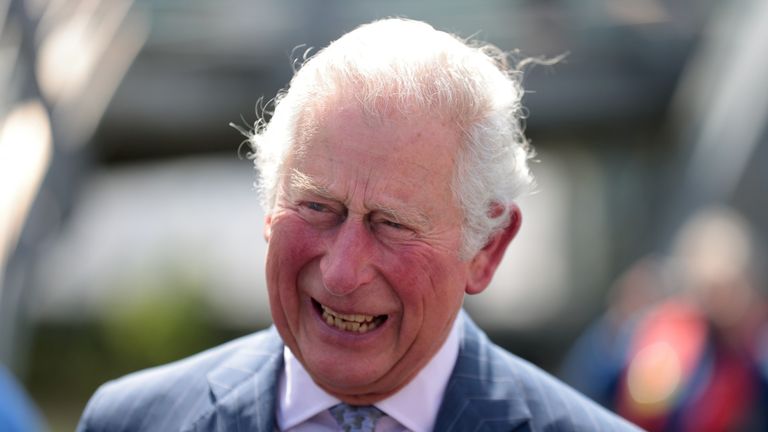 Prince Charles, Prince of Wales reacts as he walks near the Coventry Canal during his visit to Coventry on May 25, 2021 in Coventry, England
