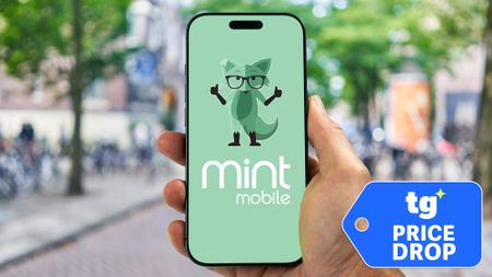 A hand holding a phone with the Mint Mobile logo on the display
