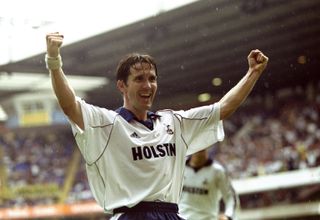 Oyvind Leonhardsen celebrates a goal for Tottenham against Everton in August 1999.