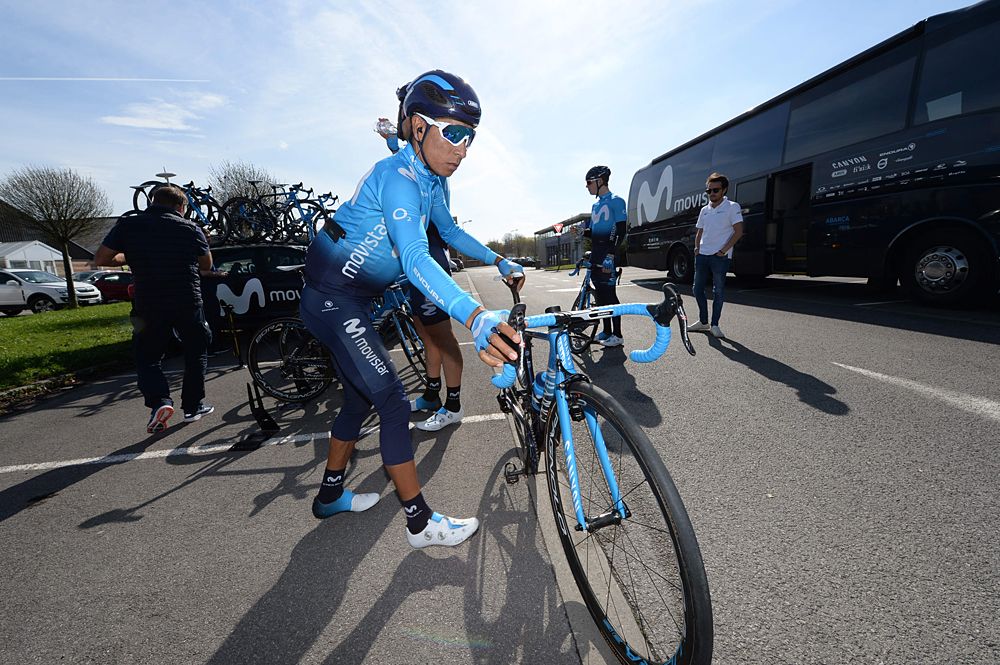 Nairo Quintana gets ready to ride the cobbles - Movistar training on the Paris-Roubaix cobbles as recon for stage 9 at the Tour de France