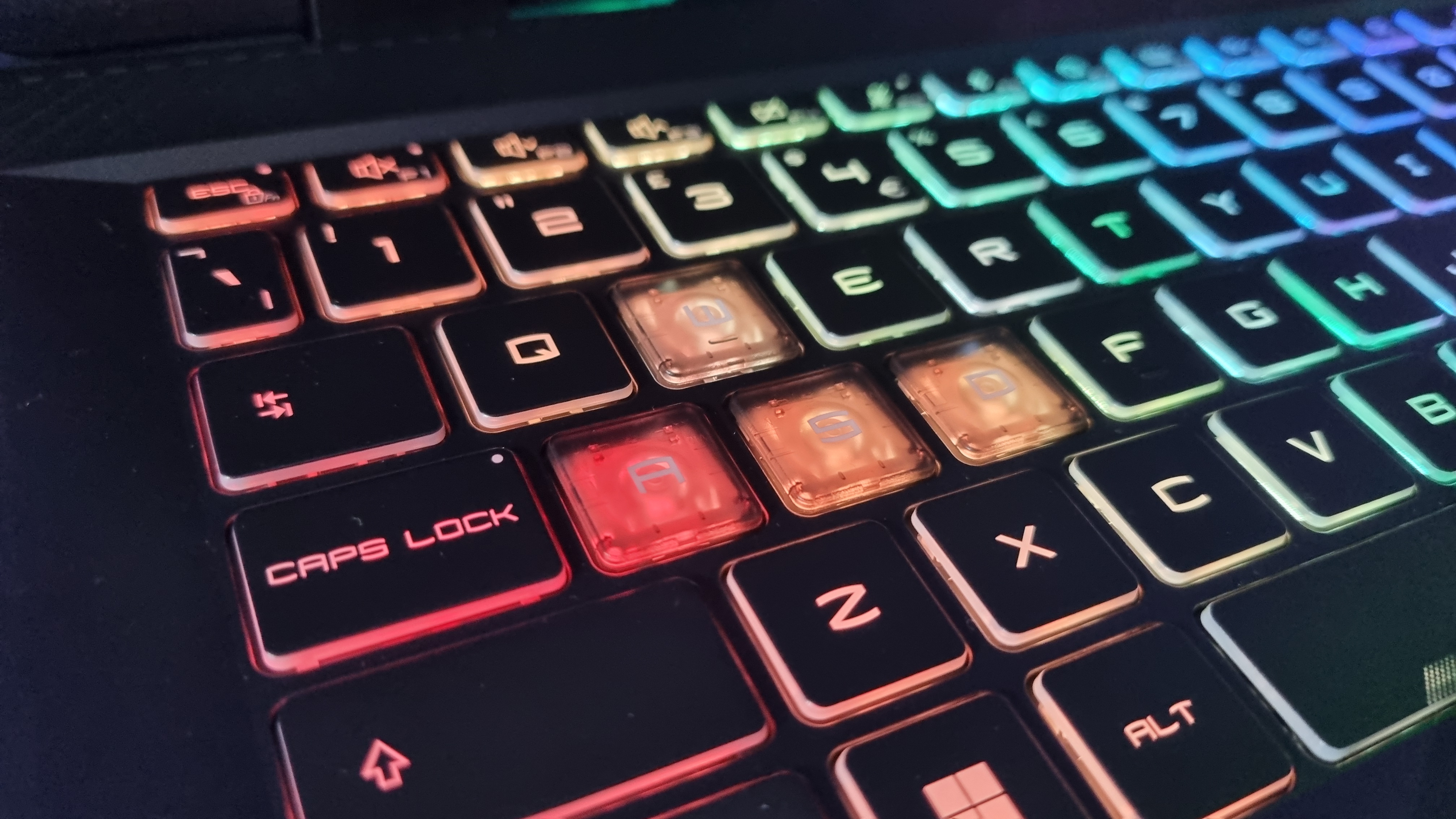 The RGB-lit keyboard on the MSI Sword 16 HX B14V