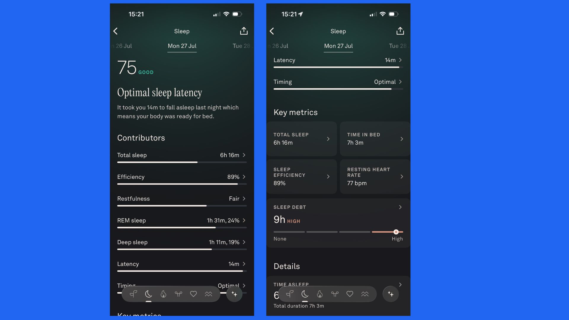 A screenshot of the Oura app displaying sleep tracking metrics.