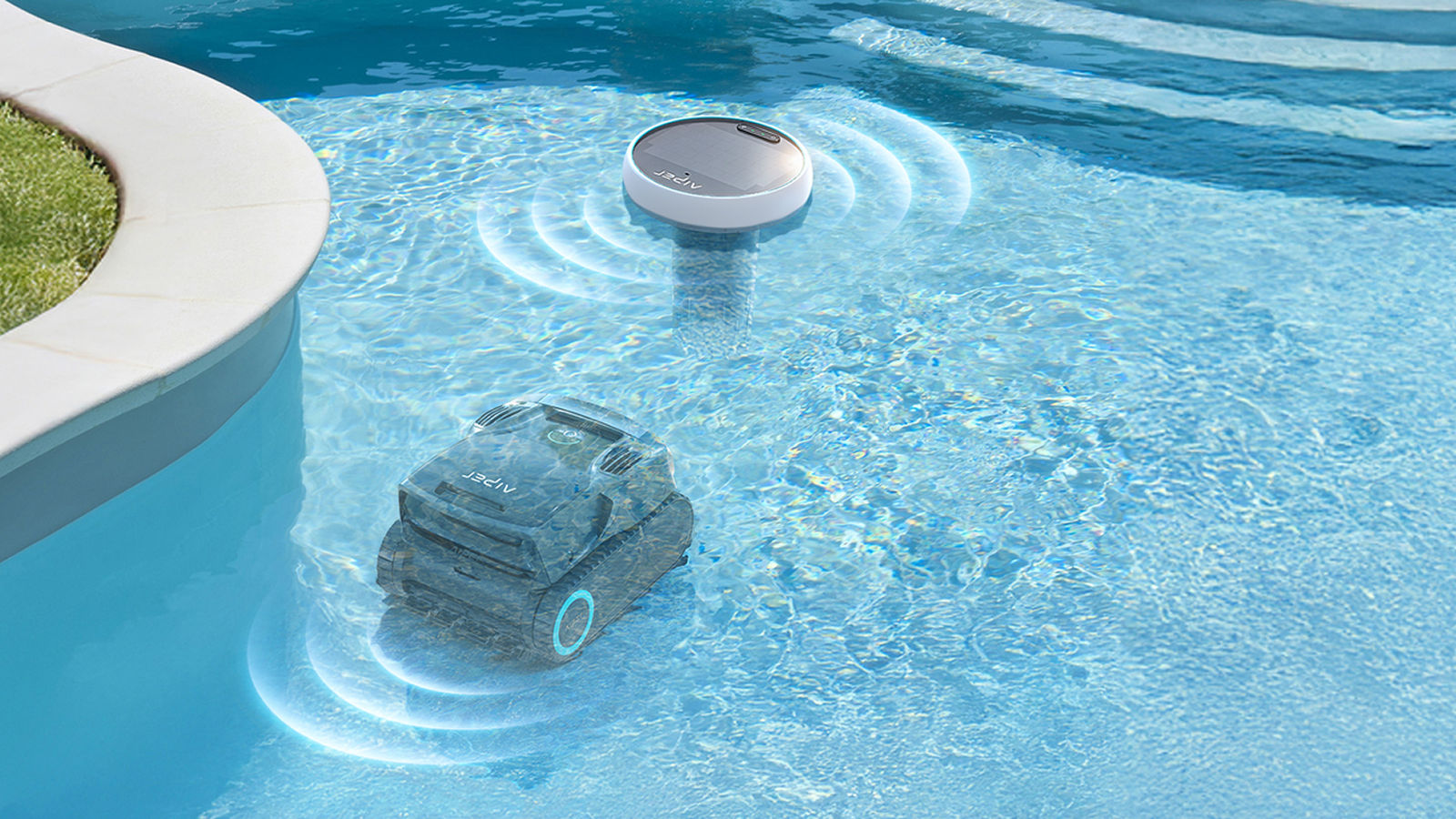 A robotic pool cleaner and a floating pool monitor in a pool.