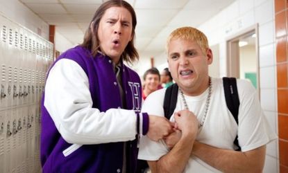 Channing Tatum and Jonah Hill, pictured in a flashback scene in "21 Jump Street," have the perfect comedic chemistry, critics say.