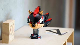 Lego Shadow the Hedgehog bust on a sideboard