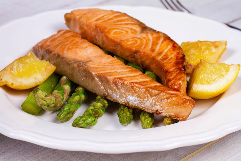 A plate of broiled salmon