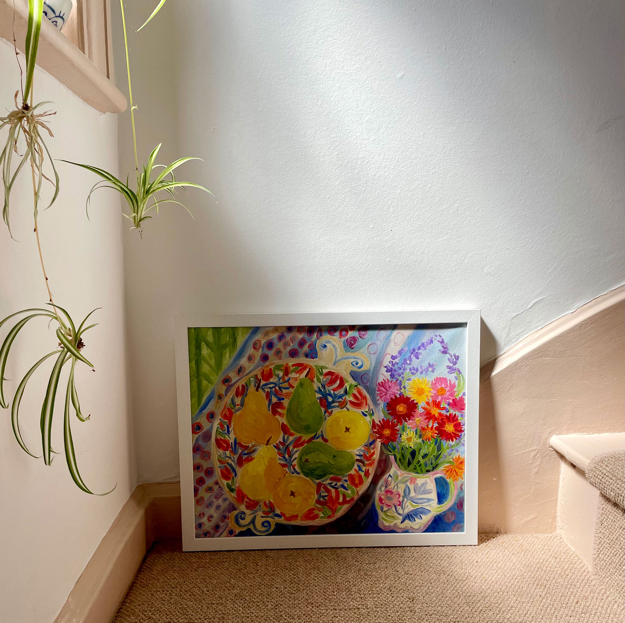 Painting of fruit bowl on floor of staircase