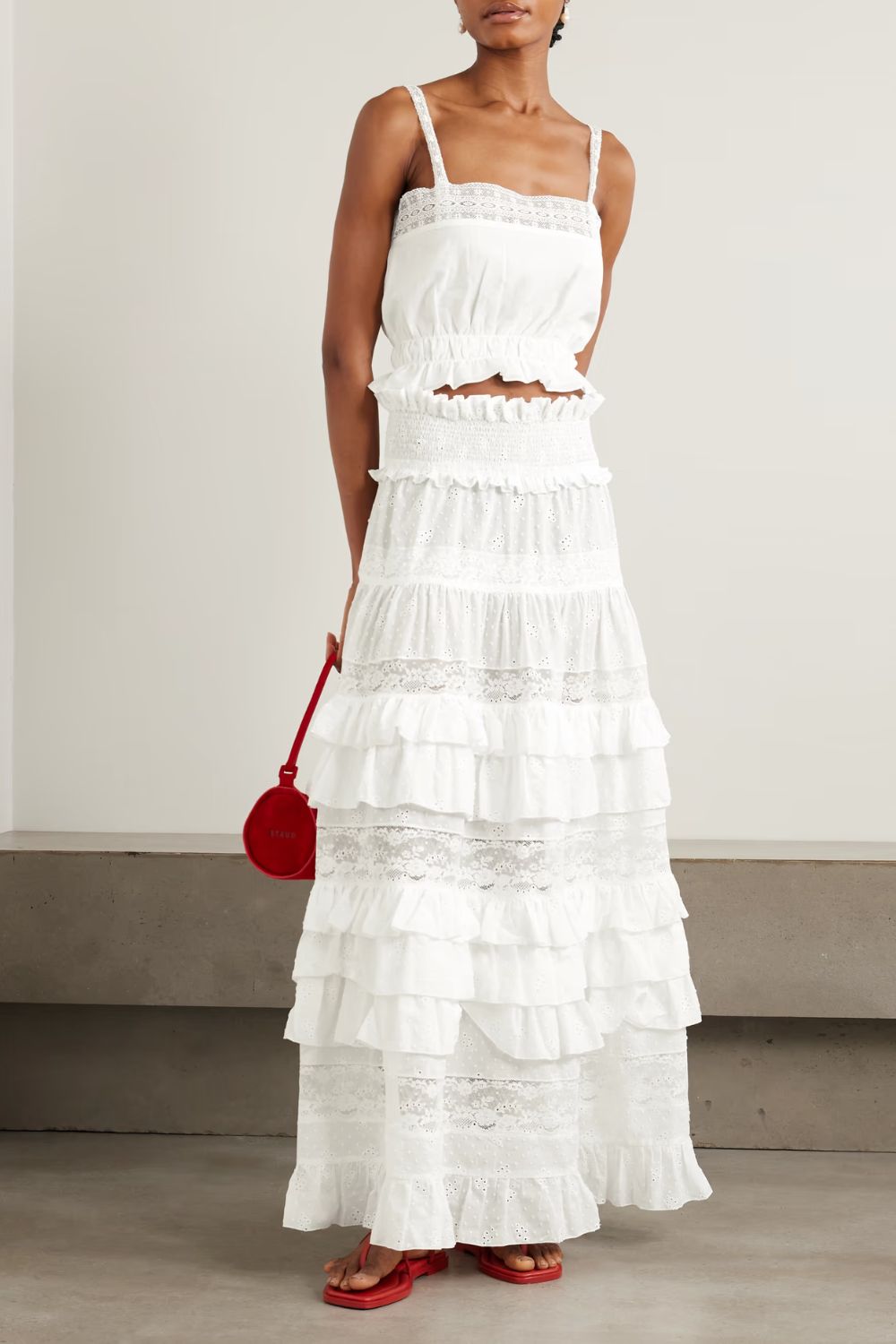 Loretta Caponi Tina tiered ruffled lace-trimmed broderie anglaise cotton maxi skirt
