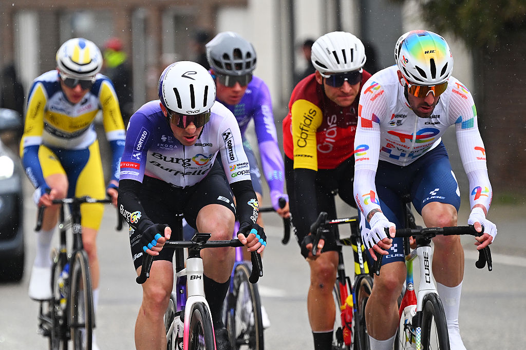 NIVONE, BELGIUM - FEBRUARY 28: (L-R) Clement Alleno of France and Team Burgos Burpellet BH and Alexys Brunel of France and Team TotalEnergies lead the attack during the 21st Omloop Het Nieuwsblad 2026, Men&amp;amp;apos;s Elite a 207.2km one day race from Ghent to Ninove / #UCIWT / on February 28, 2026 in Ninove, Belgium. (Photo by Tim de Waele/Getty Images)