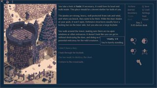 Roadwarden - Pixelated artwork of a tower and fort wall on the left with text and choices in the center and character statistics on the right.