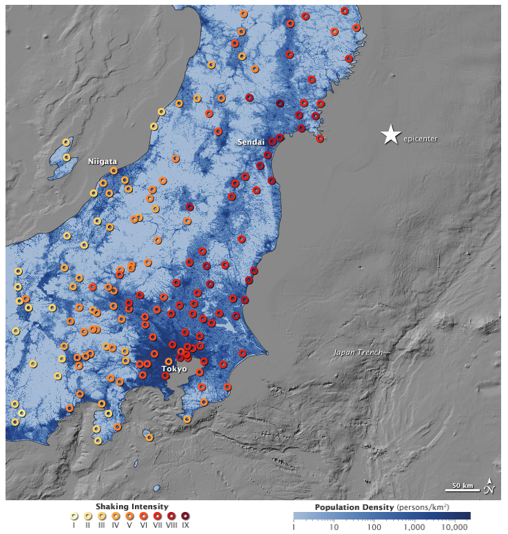 A map showing the shaking intensity of the 2011 Tohoku earthquake. Darker red circles represent higher intensity tremors.