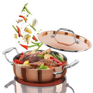 copper serving pan with food