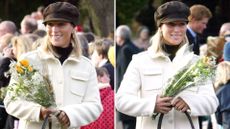 Composite of two pictures of Zara Tindall wearing a white coat, baker boy hat, leopard print bag and boots on Christmas Day in Norfolk in 2003