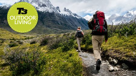 Two hikers walking up a mountain with a T3 Outdoor Living badge in the left corner