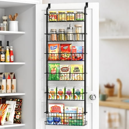 Foukus Over the Door Pantry Organizer: 6 Tier Stainless Steel Kitchen Organizers and Storage, Hanging Spice Rack, Easy to Install - Black