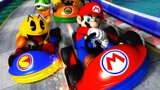 Mario Kart Arcade GP key art, with Pac-Man and Mario racing against each other