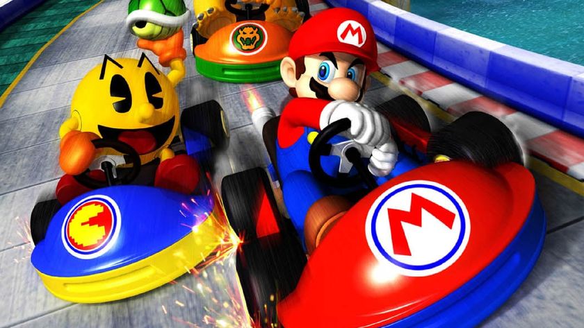Mario Kart Arcade GP key art, with Pac-Man and Mario racing against each other