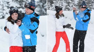 Two photos of Prince William and Kate Middleton having a snowball fight