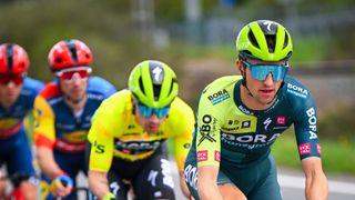 ALTSASU, SPAIN - APRIL 03: Jai Hindley of Australia and Primoz Roglic of Slovenia and Team BORA - hansgrohe - Yellow Leader Jersey compete during the 63rd Itzulia Basque Country 2024, Stage 3 a 190.9km stage from Ezpeleta to Altsasu 526m / #UCIWT / on April 03, 2024 in Altsasu, Spain. (Photo by Tim de Waele/Getty Images)
