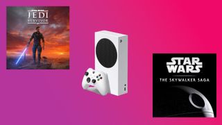 Image of Star Wars Jedi: Survivor, an Xbox Series S, and Star Wars: The Skywalker Saga on a pink gradient background.