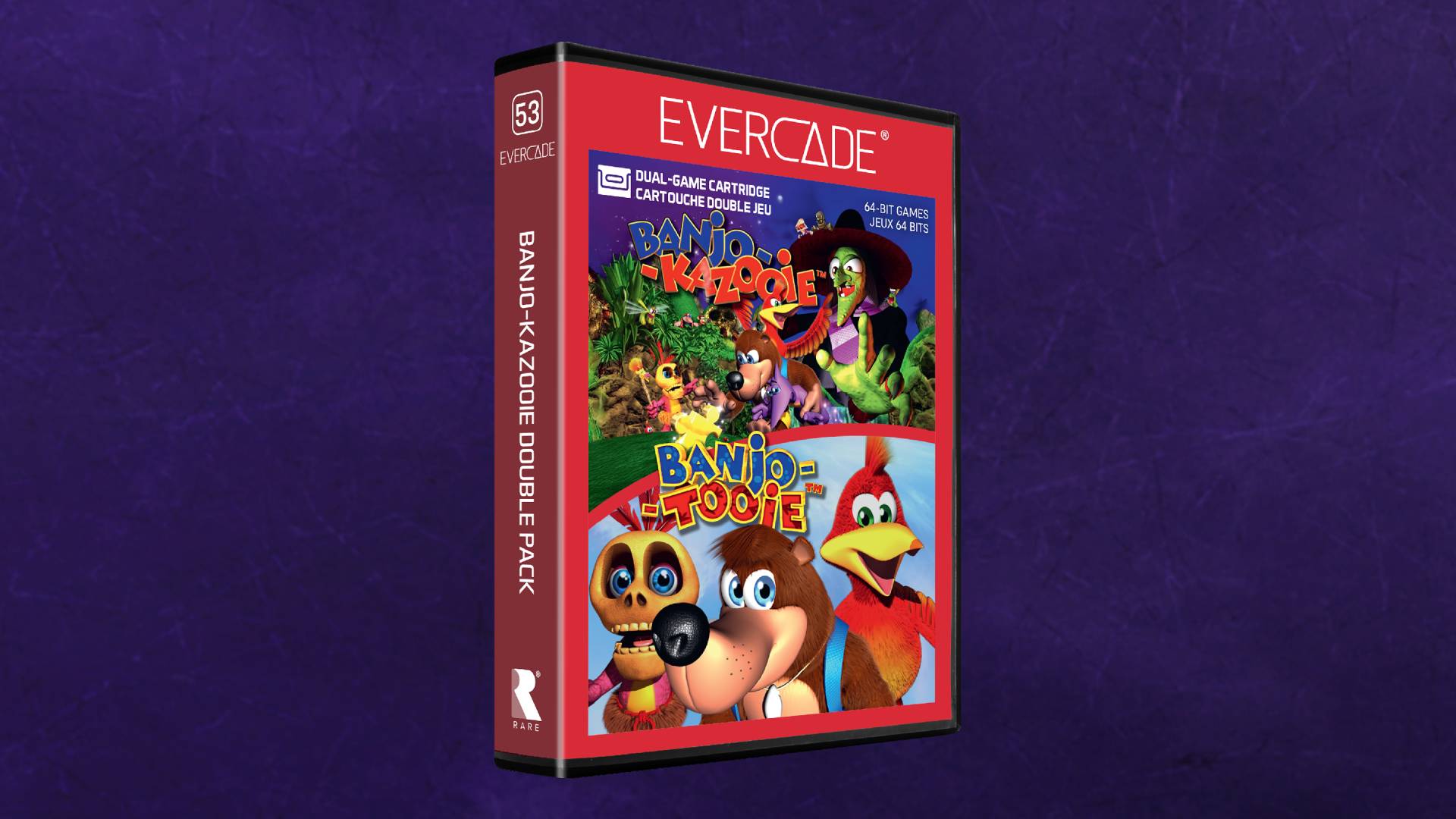 Evercade Banjo-Kazooie collection box with purple backdrop.