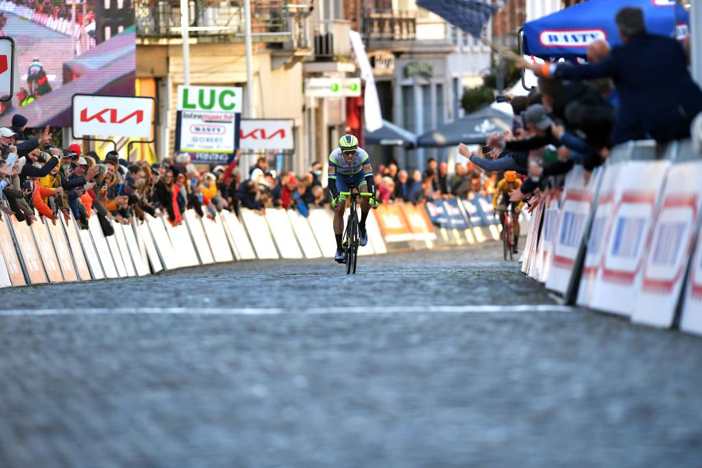 BINCHE BELGIUM OCTOBER 05 Danny Van Poppel of Netherlands and Team Intermarch Wanty Gobert Matriaux celebrates winning during the 33rd Binche Chimay Binche Memorial Frank Vandenbroucke 2021 a 1986km race from Binche to Binche BincheChimayBinche on October 05 2021 in Binche Belgium Photo by Luc ClaessenGetty Images