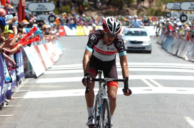George Bennett (RadioShack Leopard) crosses the finish line on Old Willunga Hill at the 2013 Tour Down Under