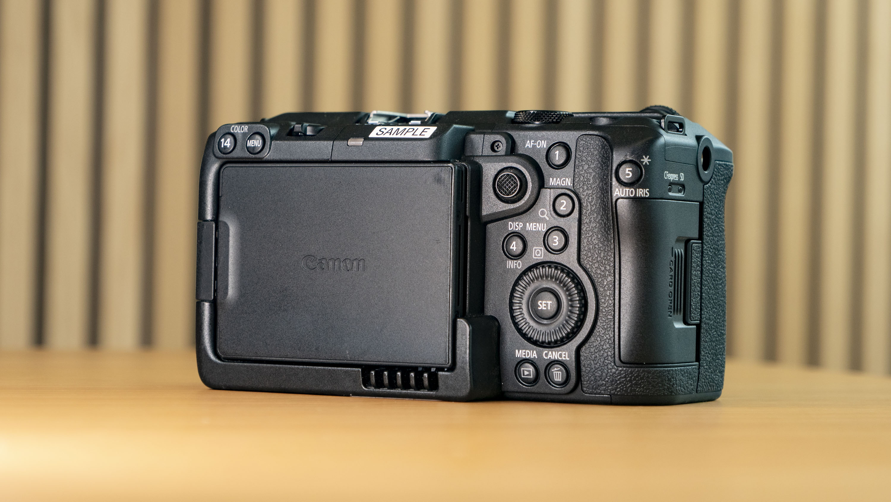 Canon EOS C50 on a wooden surface, view of the rear