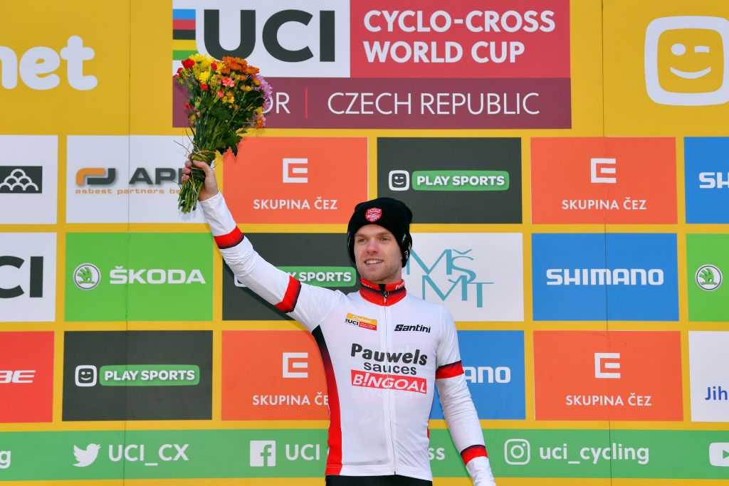 TABOR CZECH REPUBLIC NOVEMBER 16 Podium Eli Iserbyt of Belgium and Team Pauwel Sauzen Bingoal Leader Jersey Celebration during the 23rd Tabor World Cup 2019 Men Elite UCICX TelenetUCICXWC on November 16 2019 in Tabor Czech Republic Photo by Luc ClaessenGetty Images