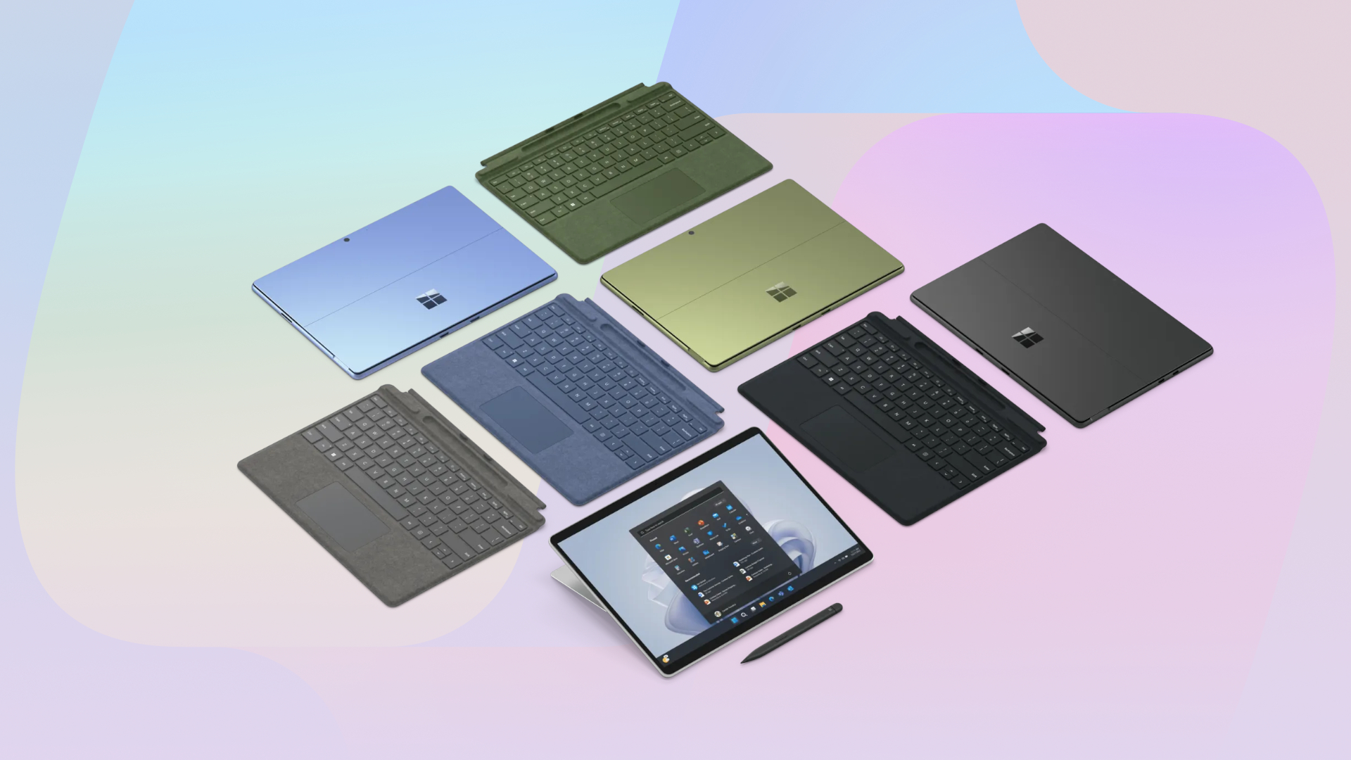 Microsoft Surface Pro 9 2-in-1 laptop detachable in various colors on a gradient background with a Microsoft Copilot logo overlay.