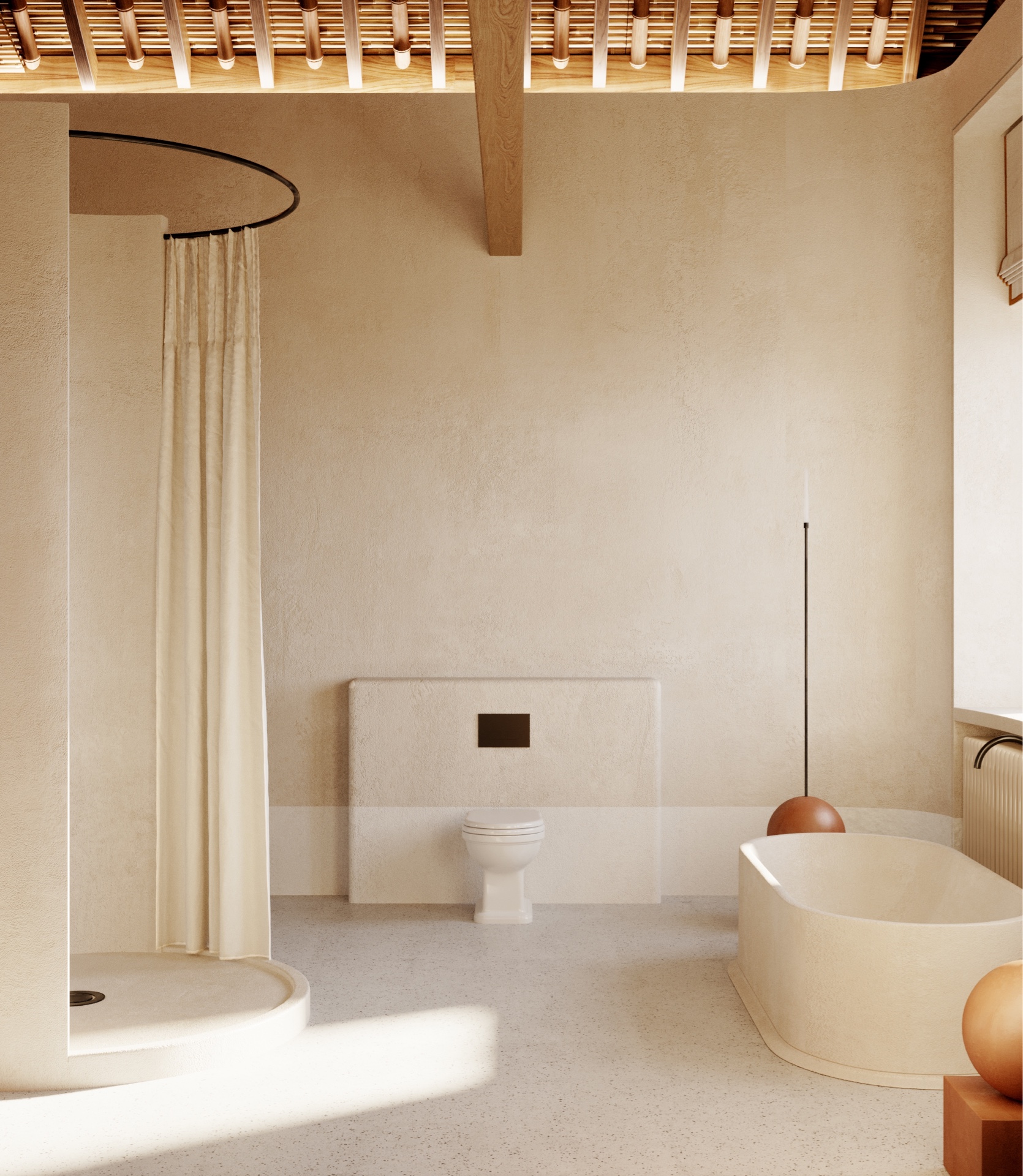 A bathroom with shower curtains used as partition